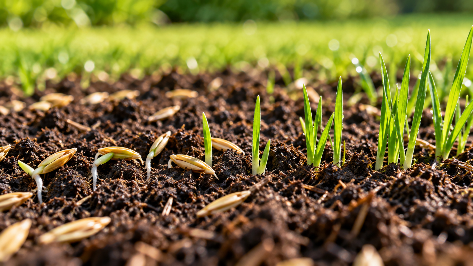 Gentle watering of newly sown lawn soil to maintain moisture for grass seed germination