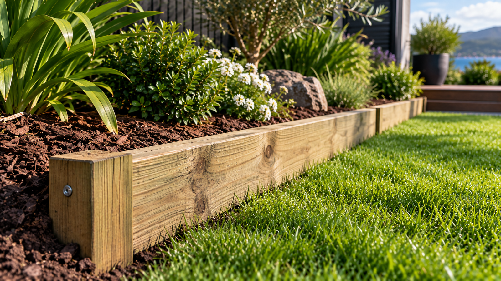 Close-up of treated timber garden edging beside a lawn in a New Zealand-style garden