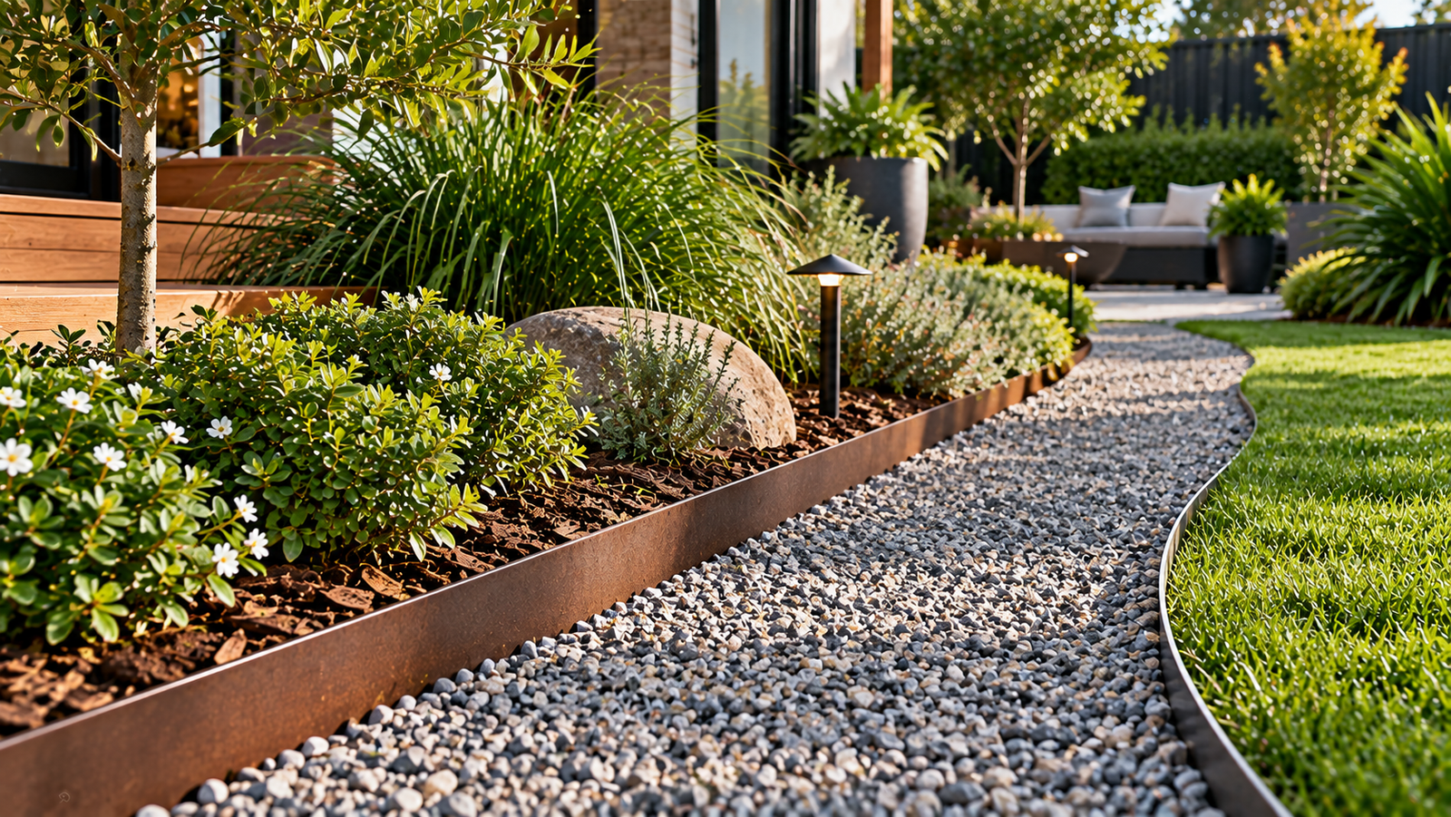 Gravel garden path bordered by slim metal edging beside landscaped planting