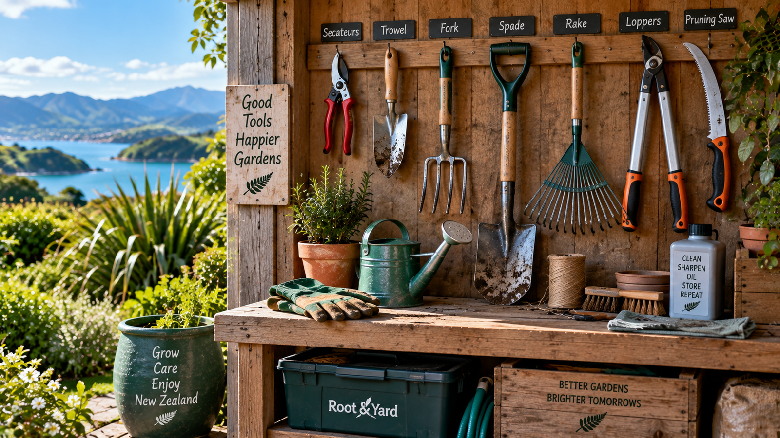 Organised garden tools including secateurs, trowel, fork, spade, rake, loppers and pruning saw