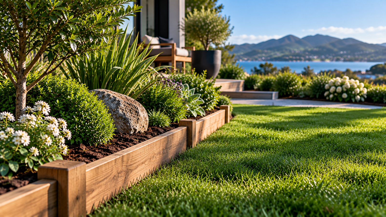 Garden edging in a landscaped New Zealand garden