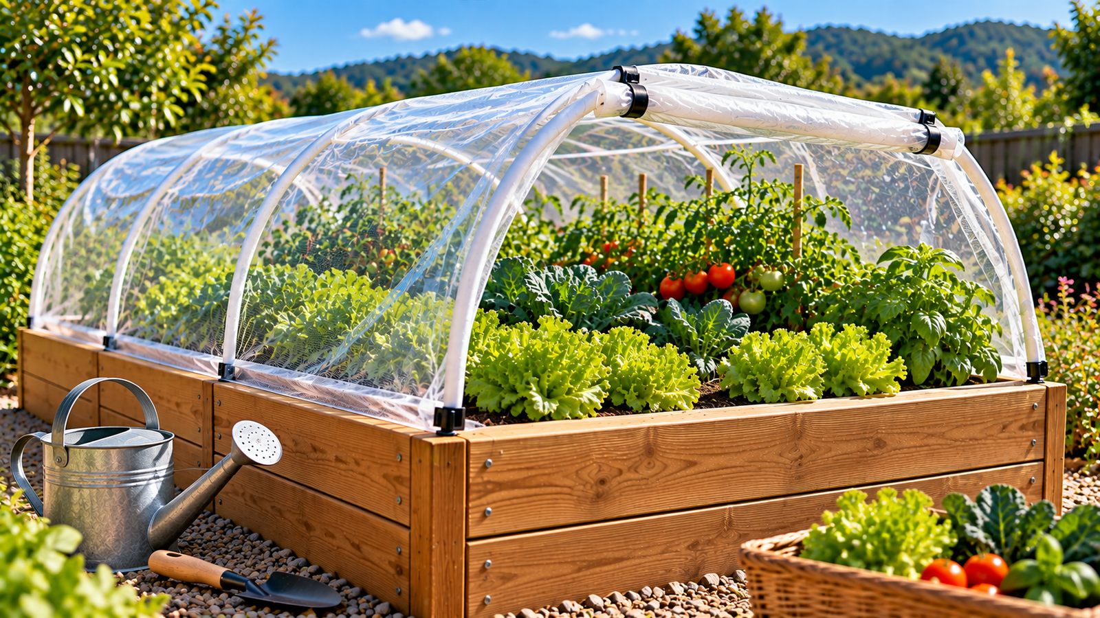 Raised garden bed with cover in a New Zealand vegetable garden