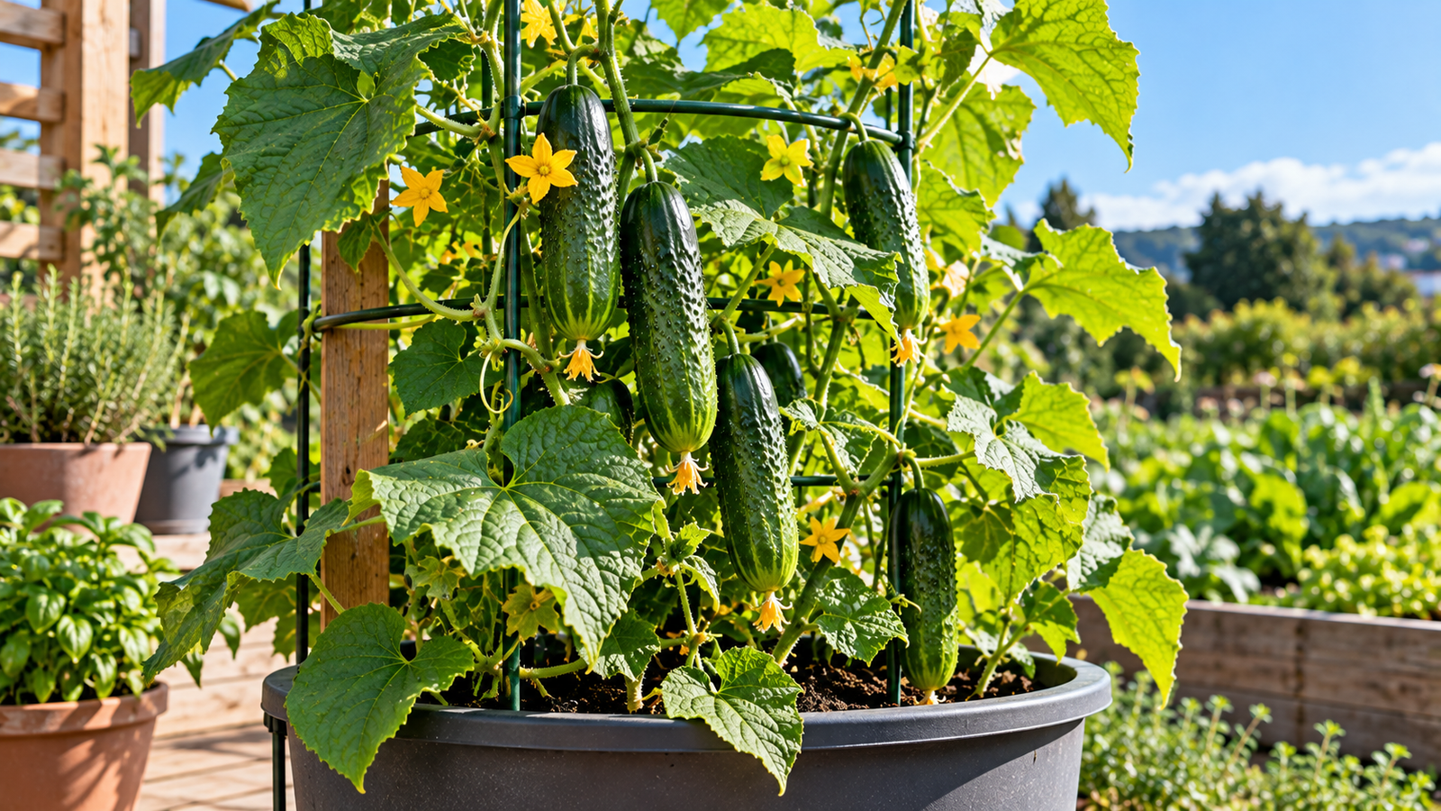 Cucumber plant growing in a large container with vertical support on a patio