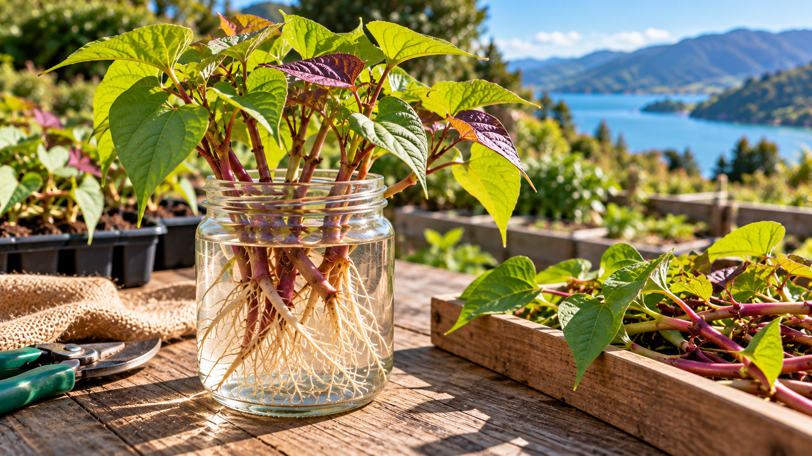 Rooted kūmara slips developing roots in a glass jar of water before planting