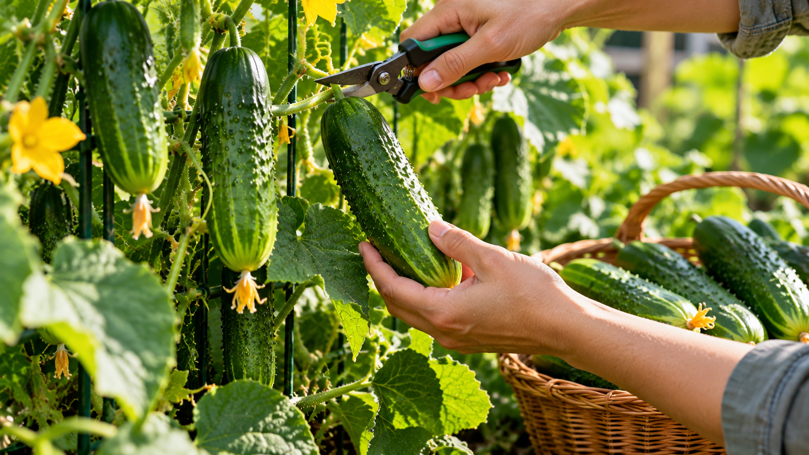 Gardener harvesting a ripe cucumber with secateurs from a productive vine