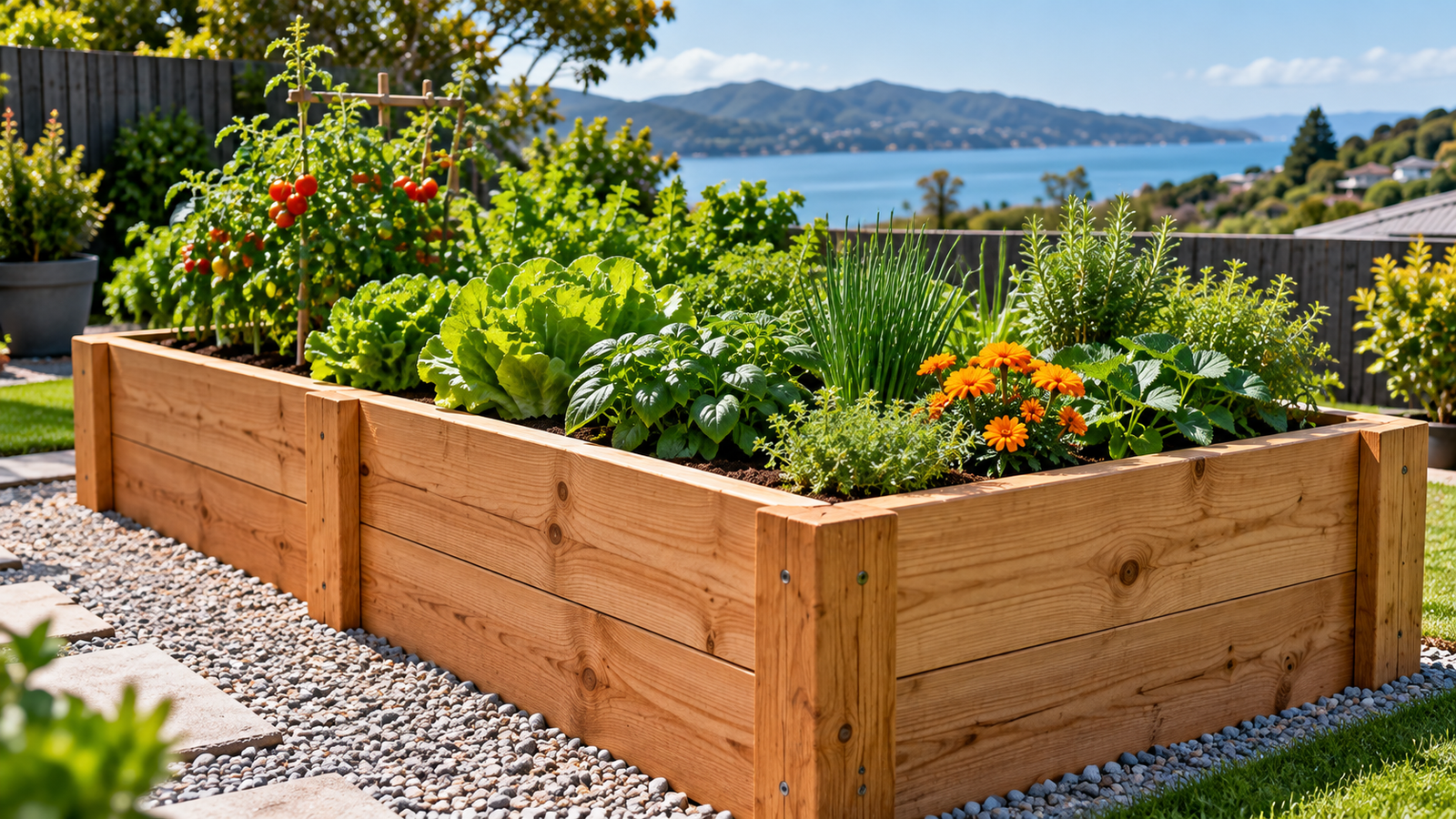 Completed timber raised garden bed growing leafy vegetables herbs and flowers