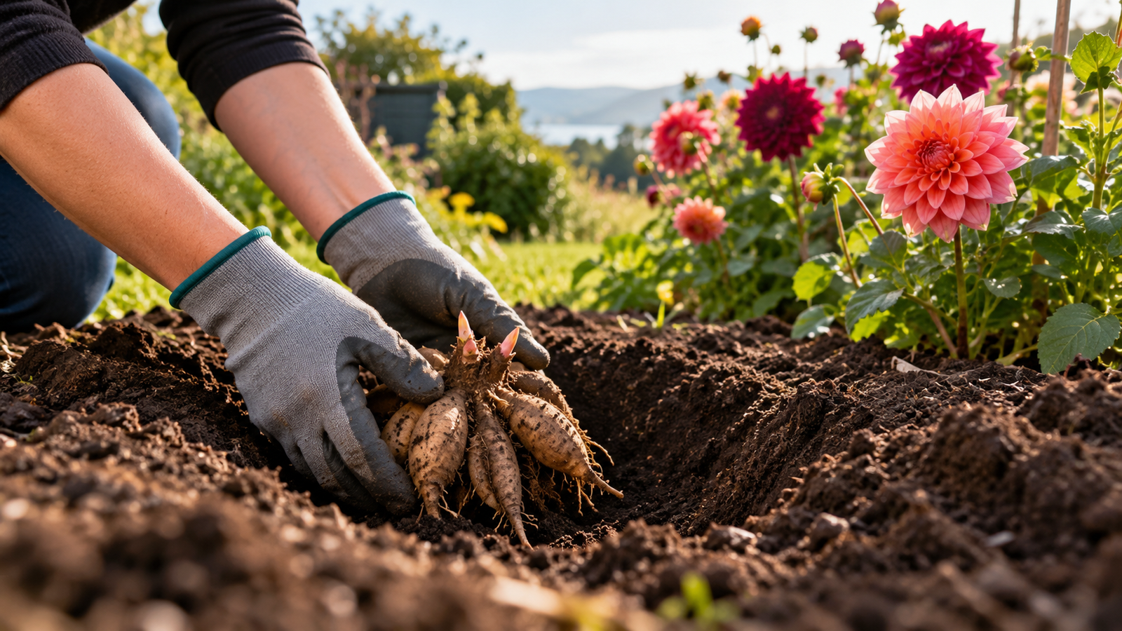 Gardener planting a sprouting dahlia tuber in well-drained garden soil