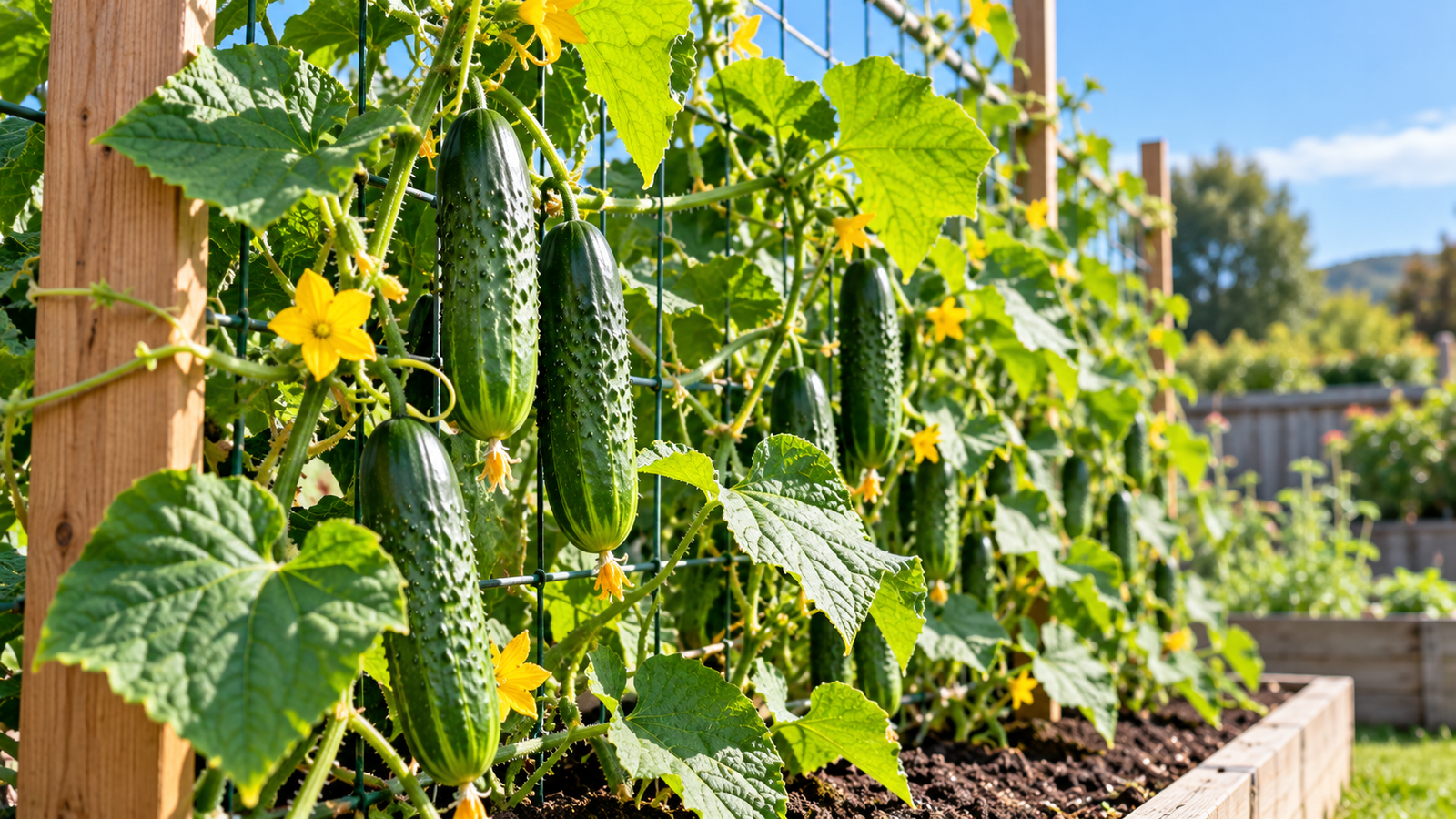 Cucumber vines climbing a sturdy vertical trellis in a raised garden bed