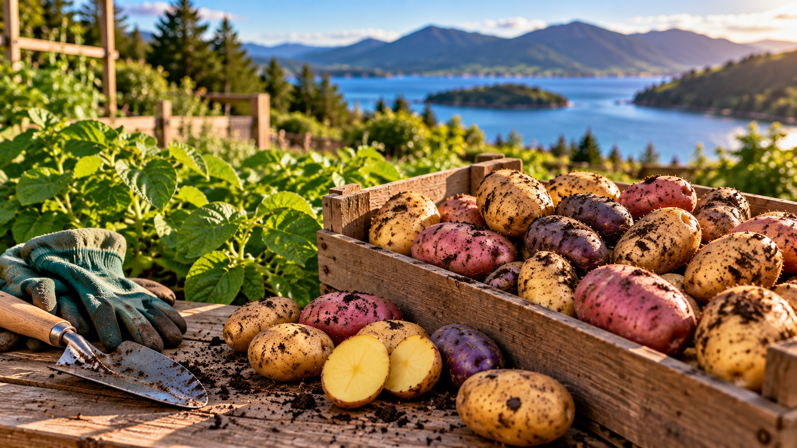 Healthy flowering potato plants growing in mounded soil in a New Zealand garden