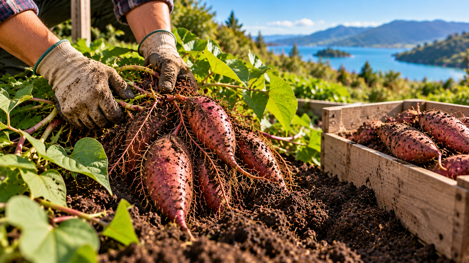 Gardener lifting freshly harvested red-skinned kūmara from loose garden soil