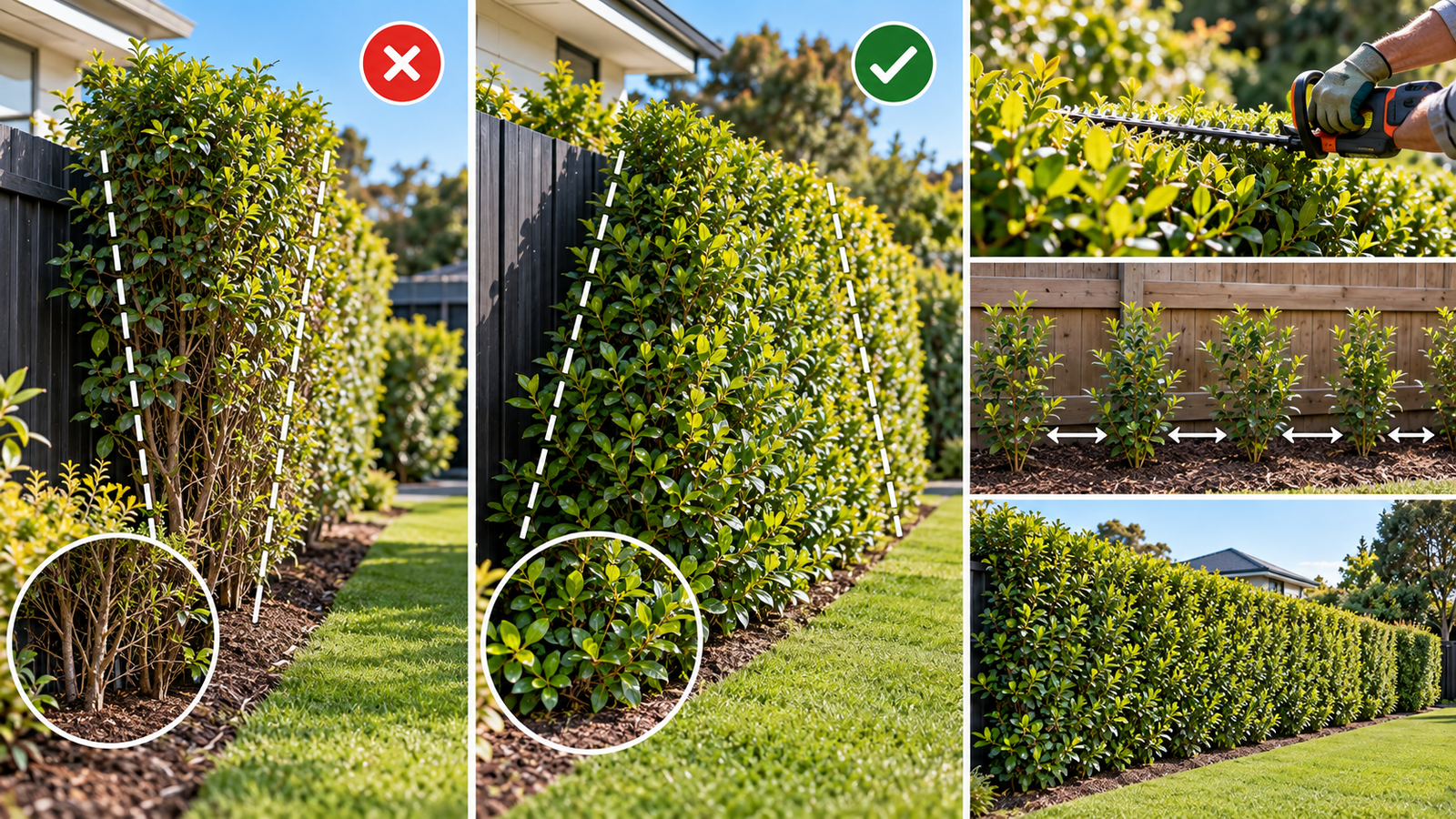 Privacy plants NZ hedge pruning with wider base and dense lower foliage
