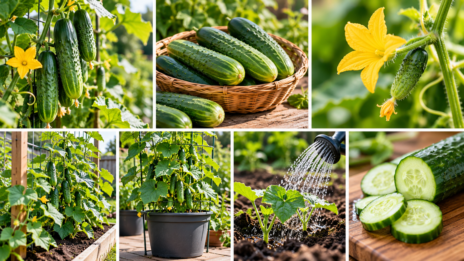 Healthy cucumber vines growing in a sunny New Zealand home vegetable garden