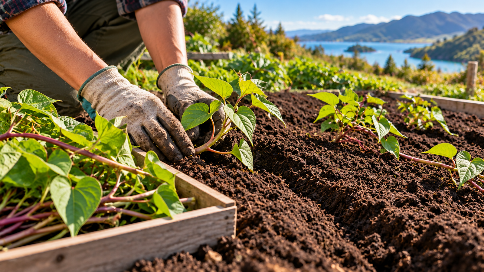 Growing kumara in NZ: gardener planting healthy kūmara slips in a sunny raised garden bed