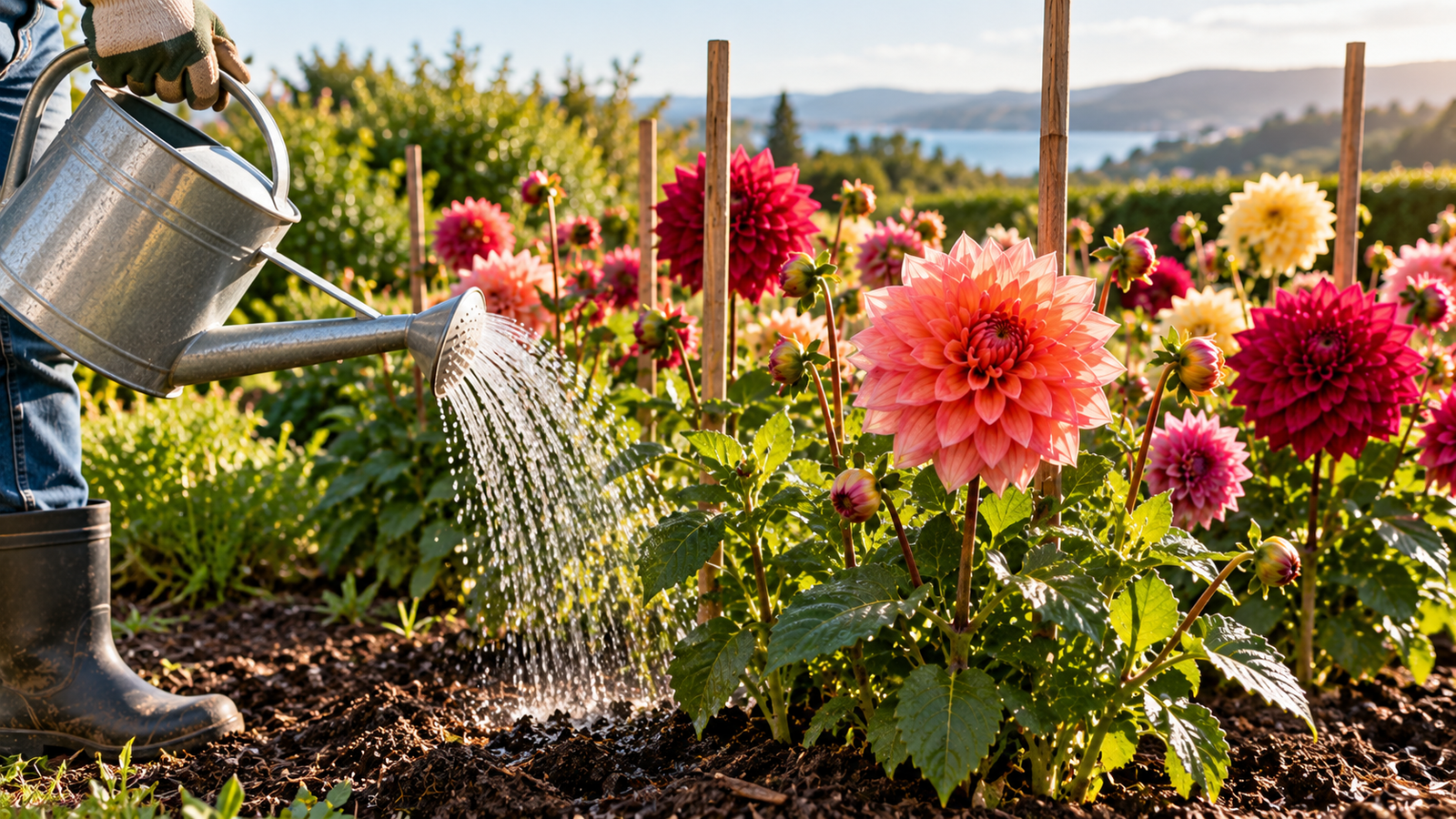 Gardener watering dahlias in a sunny garden bed