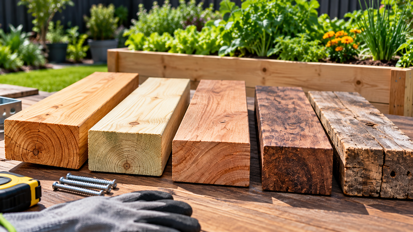 Five timber boards with different colours and grain patterns laid out for a raised garden bed project