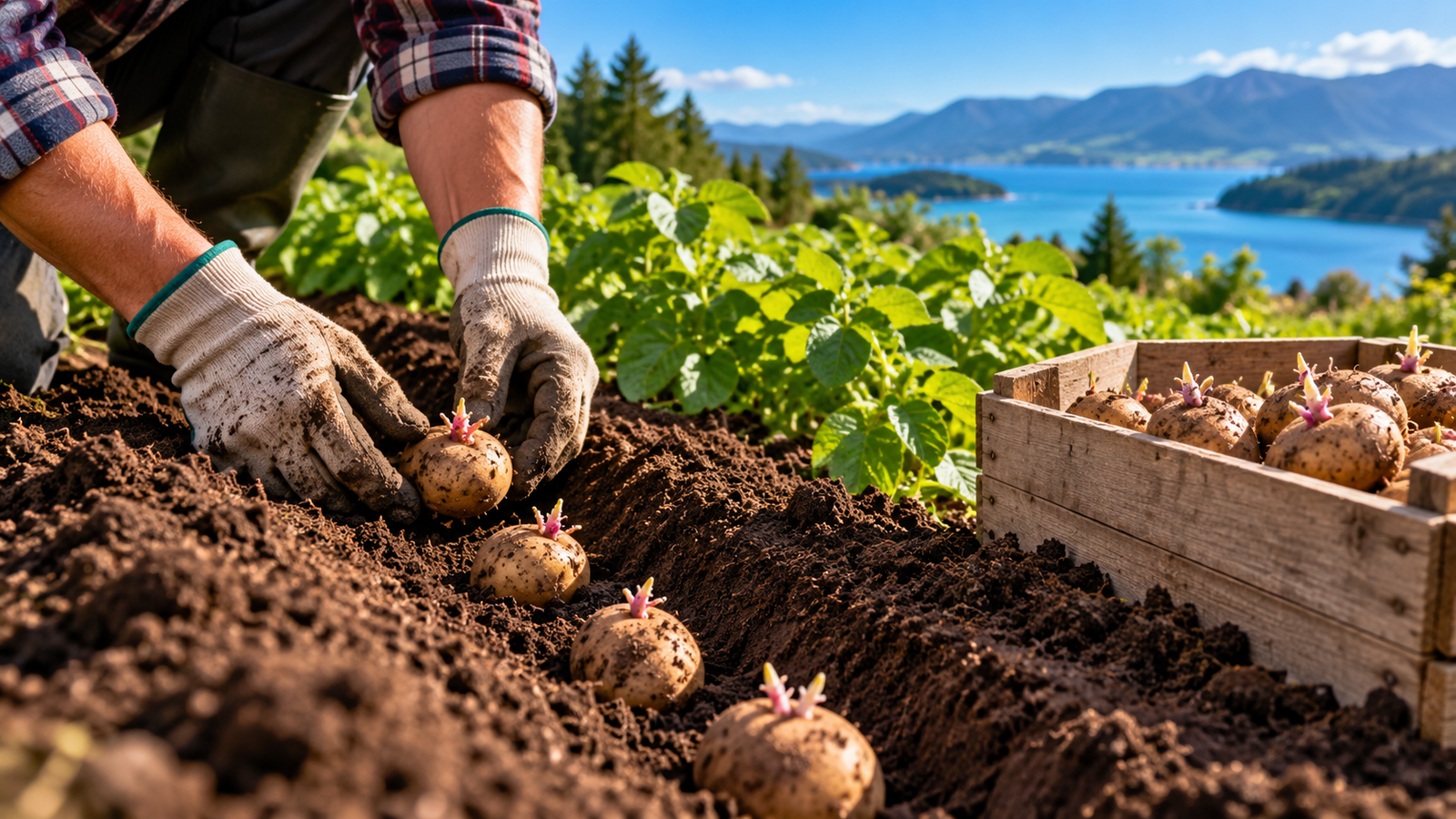 Freshly harvested New Zealand potatoes in yellow red and purple varieties ready for sorting