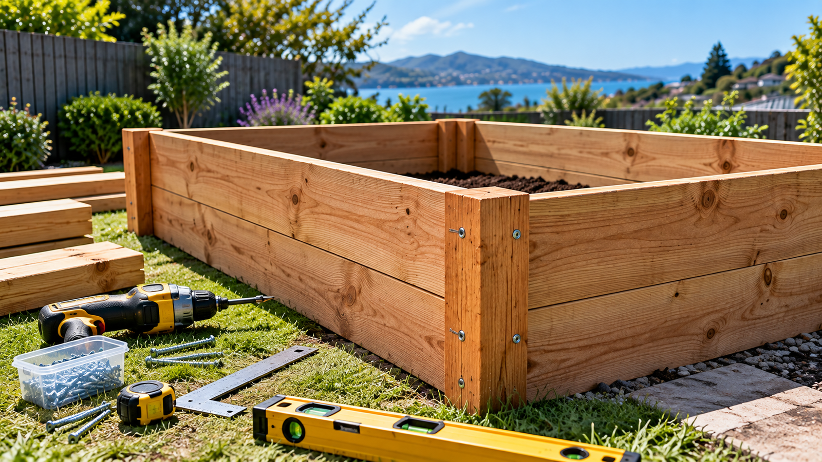 Partly assembled wooden raised garden bed with drill, screws and measuring tools