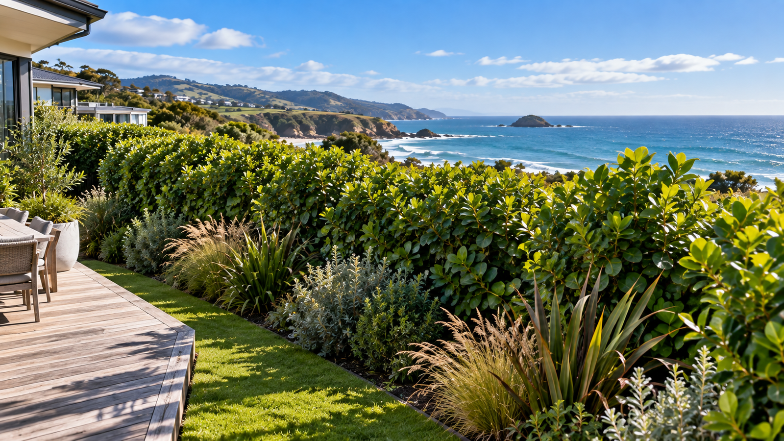 Coastal privacy plants NZ garden with dense evergreen screening